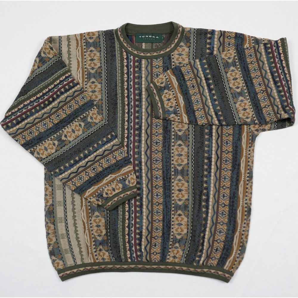 Tundra Canada Mens XL Vintage 3D Knit Sweater Mercerized Cotton Olive Earthy 90s